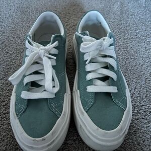 Green and White Sneakers with Suede Material and Thick Soles